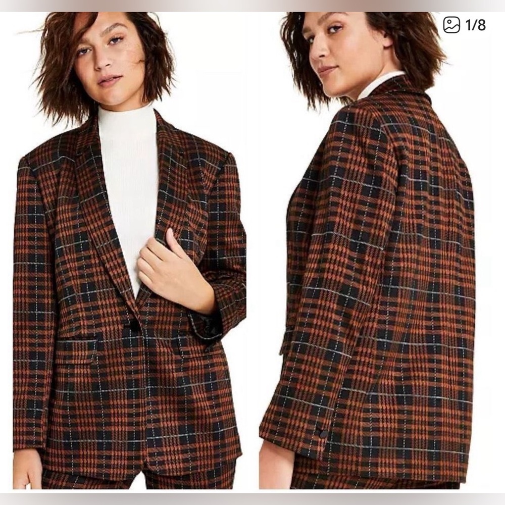 Bar III Brown Black Plaid Blazer Large Tailored Check Career Office Preppy Fall